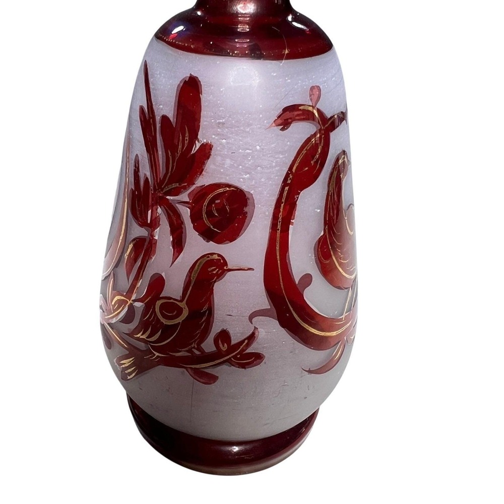 Ruby Red Bohemian Glass Vase Gold Deer and Bird Design‎ Bud Vase Decor Handblown - Picture 9 of 14